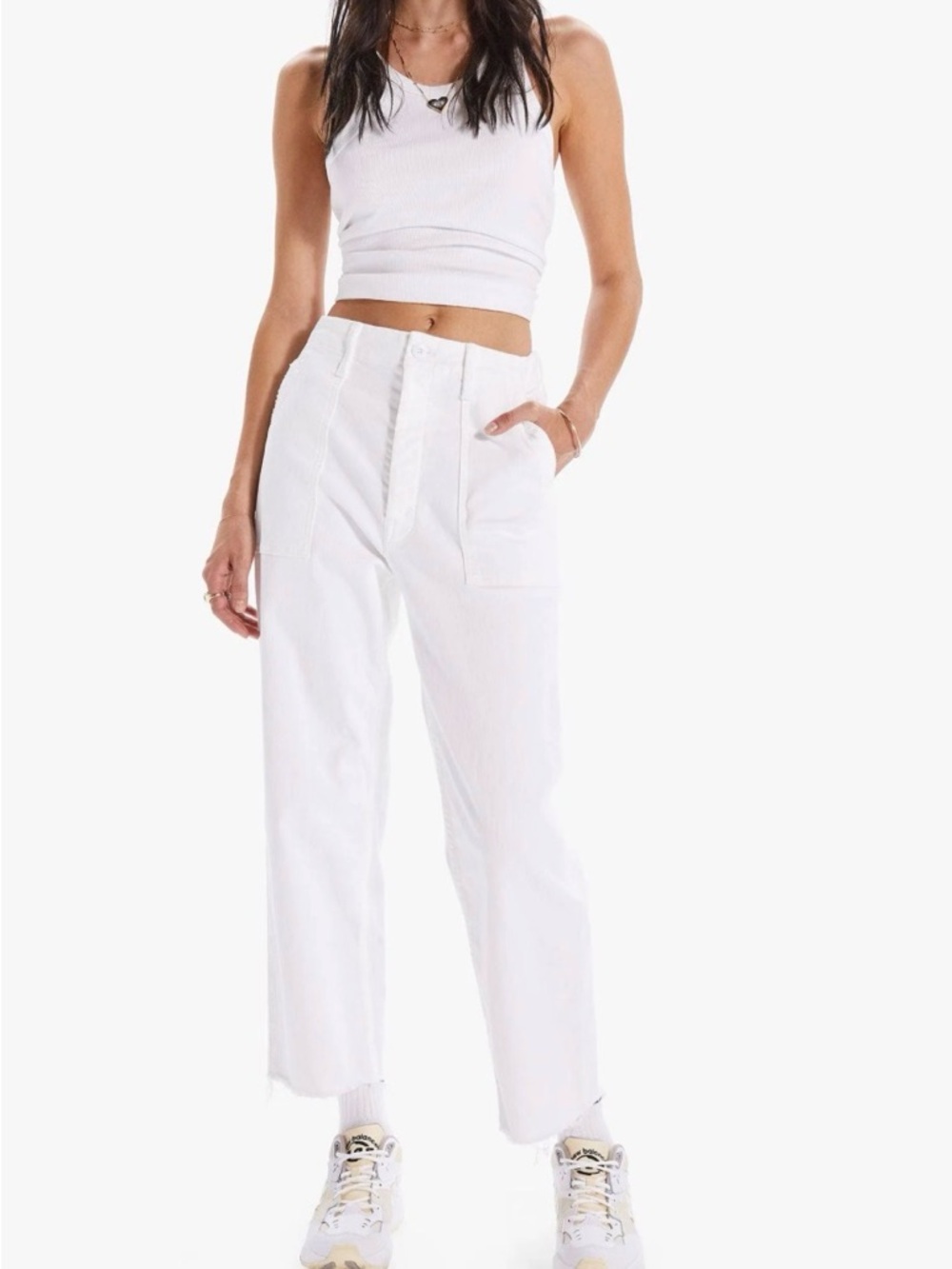 MOTHER White Cotton Utility Chinos Patch Pocket Private Ankle Jeans with Raw Hem